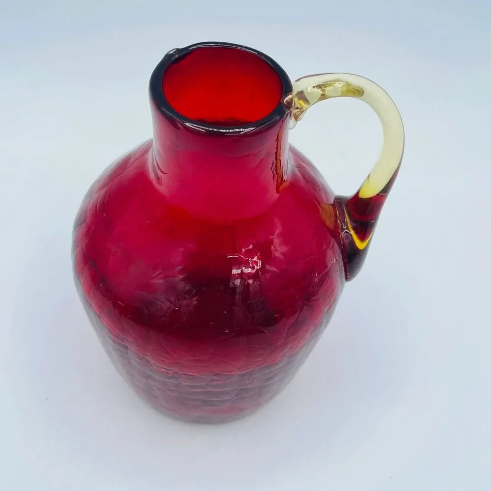 Mini Red Crackle Glass Hand Blown Pitcher Applied Yellow Handle
